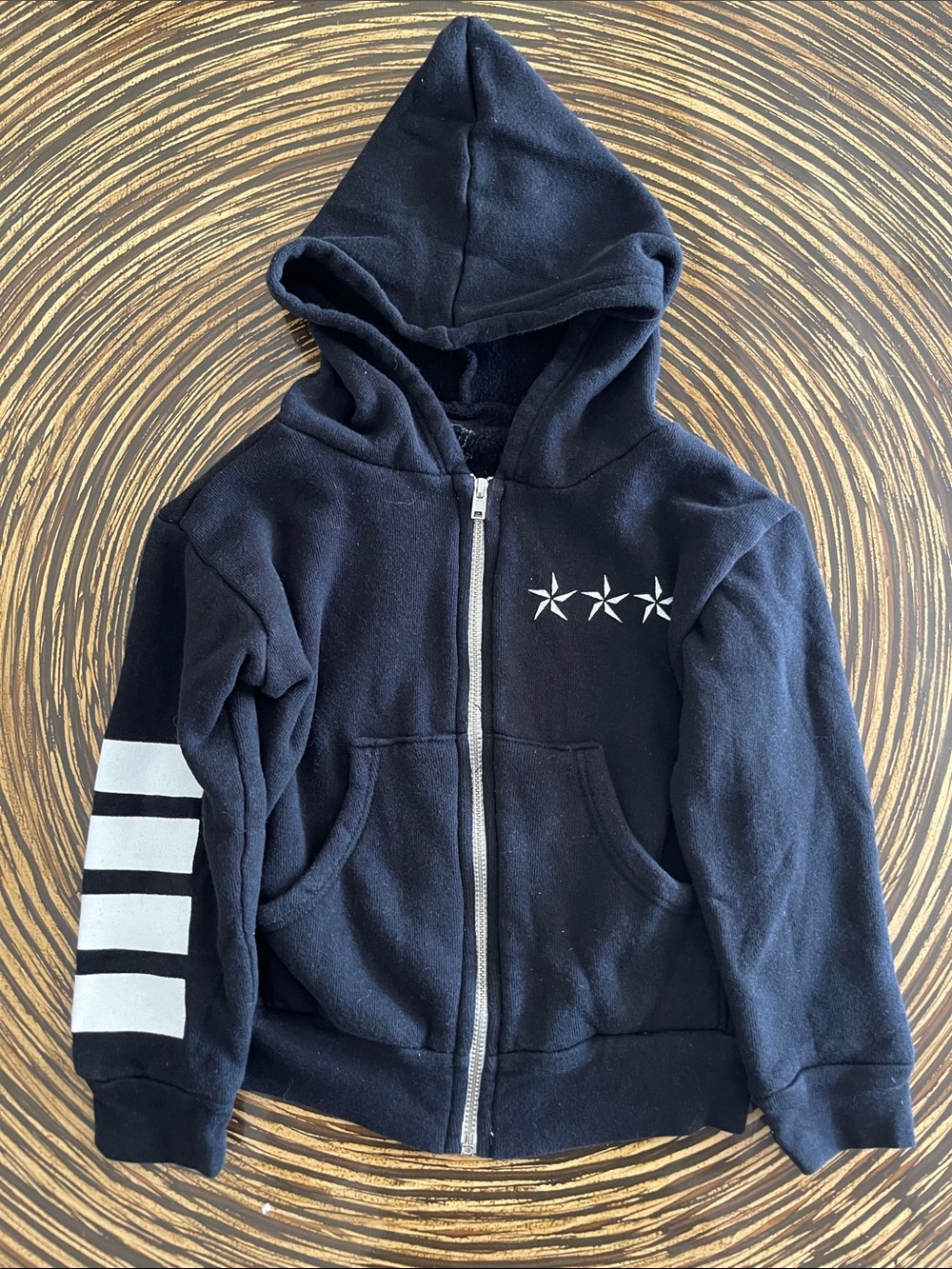 Lauren Moshi Black Kids Zip Hoodie with White Star and Stripe Accents